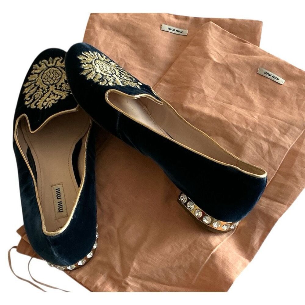 MIU  MIU Navy Velvet Loafers with Gold Embroidery Jeweled Heels 40 Made in Italy